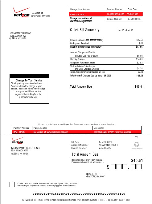 USA Verizon business utility bill Word and PDF template, version 3 PSD template